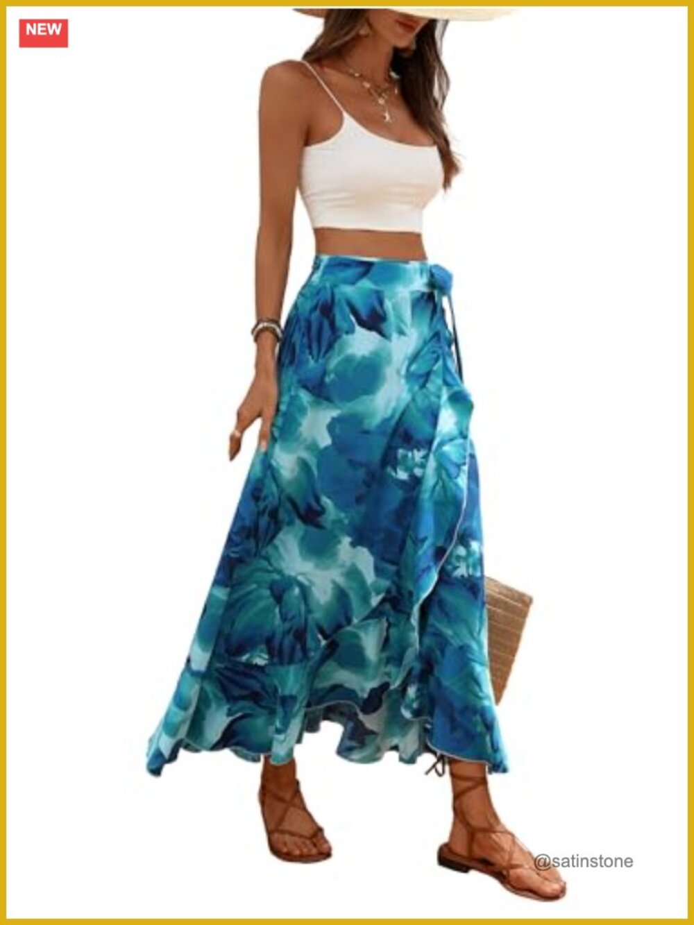 Boho Floral Wrap Maxi Skirt Ruffle Asymmetric Hem Knot Belt